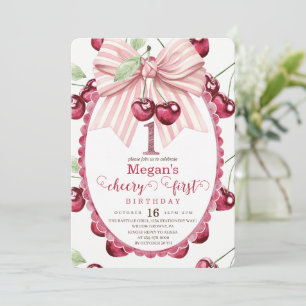 Cherry First Birthday Party Bow 1st Birthday Invitation