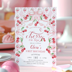 Cherry First Birthday Party Coquette Birthday Invitation