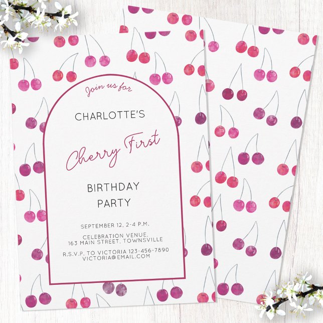 Cherry First Birthday Party Invitation (Watercolor cherries Cherry First birthday party personalized invitation with custom text)