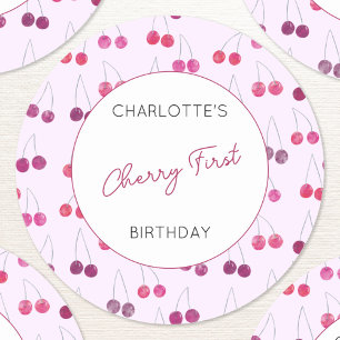 Cherry First Birthday Personalized Watercolor Classic Round Sticker