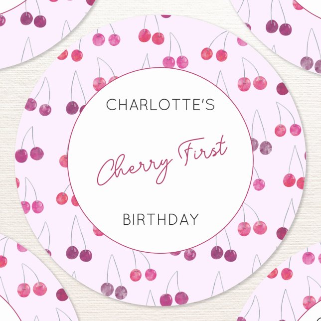 Cherry First Birthday Personalized Watercolor Classic Round Sticker (Cherries Cherry First birthday personalized stickers)