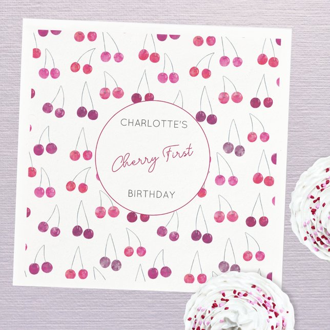 Cherry First Birthday Personalized Watercolor Napkins (Personalized Cherry First Birthday party paper napkins)