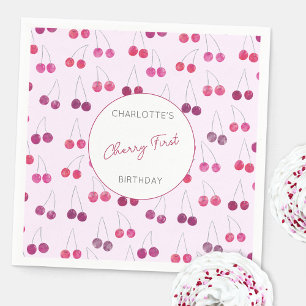 Cherry First Birthday Personalized Watercolor Pink Napkins