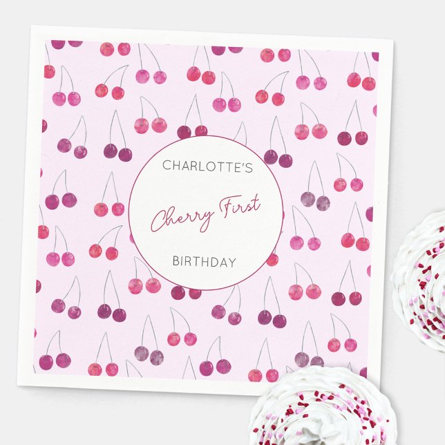 Cherry First Birthday Personalized Watercolor Pink Napkins (Modern Cherry First birthday personalized party paper napkin)