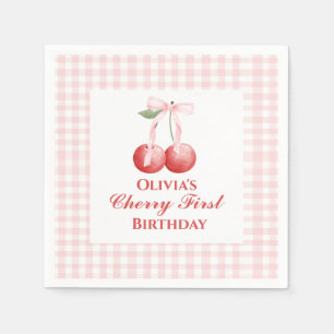 Cherry first birthday Pink Bow Gingham Napkins