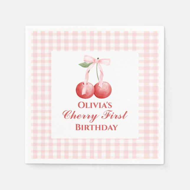 Cherry first birthday Pink Bow Gingham Napkins (Front)