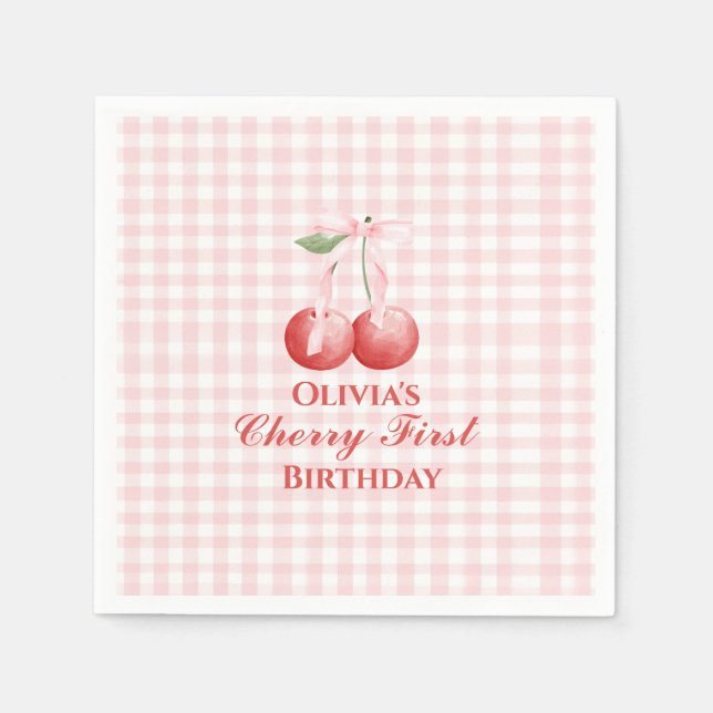 Cherry first birthday Pink Bow Gingham Napkins (Front)