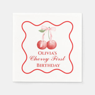 Cherry first birthday Pink Bow Gingham Napkins