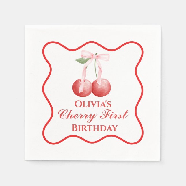 Cherry first birthday Pink Bow Gingham Napkins (Front)