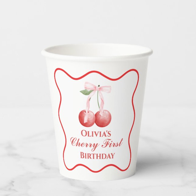 Cherry first birthday Pink Bow Gingham Paper Cups (Front)
