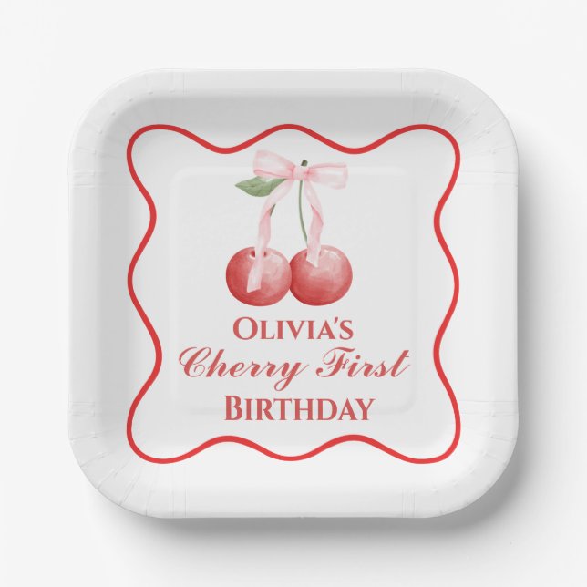 Cherry first birthday Pink Bow Gingham Paper Plates (Front)