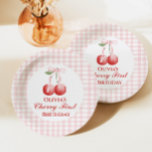 Cherry first birthday Pink Bow Gingham Paper Plates<br><div class="desc">Cherry first birthday with pink bow and ping gingham.</div>