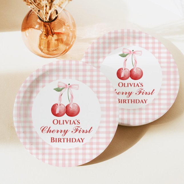 Cherry first birthday Pink Bow Gingham Paper Plates (Creator Uploaded)