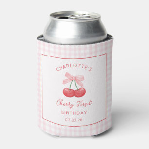 Cherry First Birthday Pink Gingham Girls One Year Can Cooler