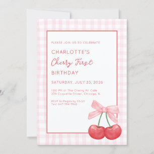 Cherry First Birthday Pink Gingham Girls One Year Invitation
