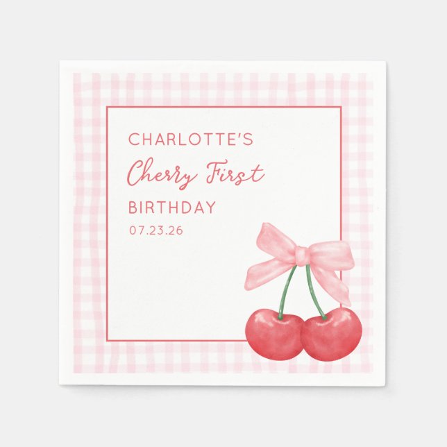 Cherry First Birthday Pink Gingham Girls One Year  Napkins (Front)