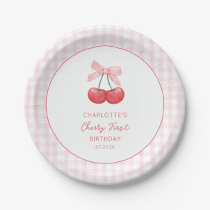 Cherry First Birthday Pink Gingham Girls One Year  Paper Plates