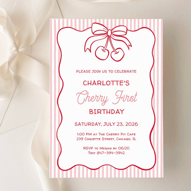 "Cherry First" Birthday Pink Stripe Bow Girly Invitation (Creator Uploaded)