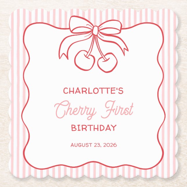 "Cherry First" Birthday Pink Stripe Bow Girly Paper Coaster (Front)