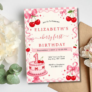 Cherry First Birthday Red Cherries Pink Bows Invitation