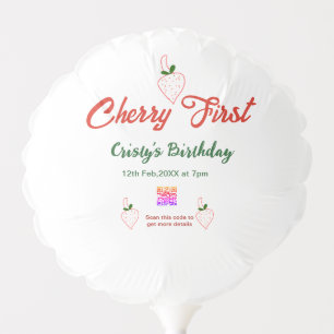cherry first birthday red qr code bold retro green balloon