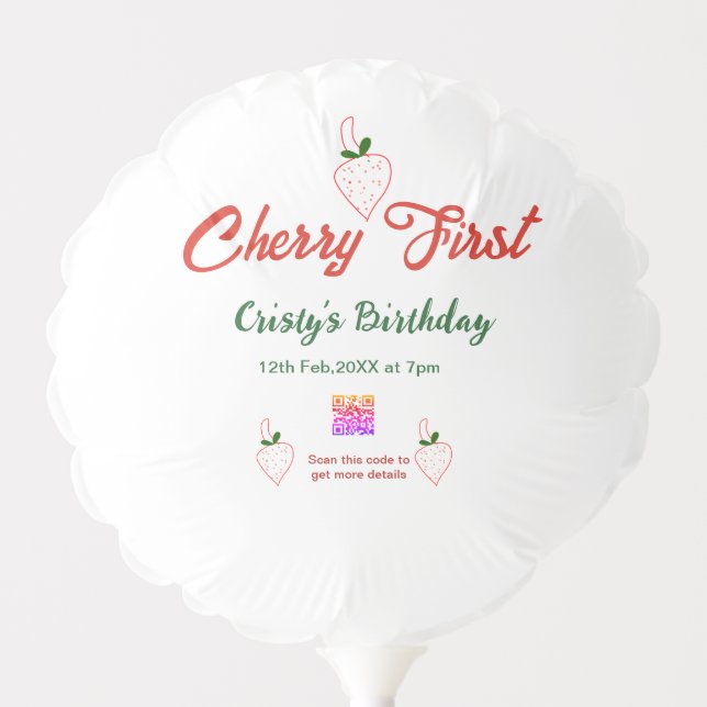 cherry first birthday red qr code bold retro green balloon (Front)