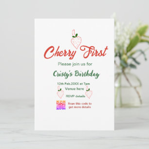 cherry first birthday red qr code bold retro green invitation