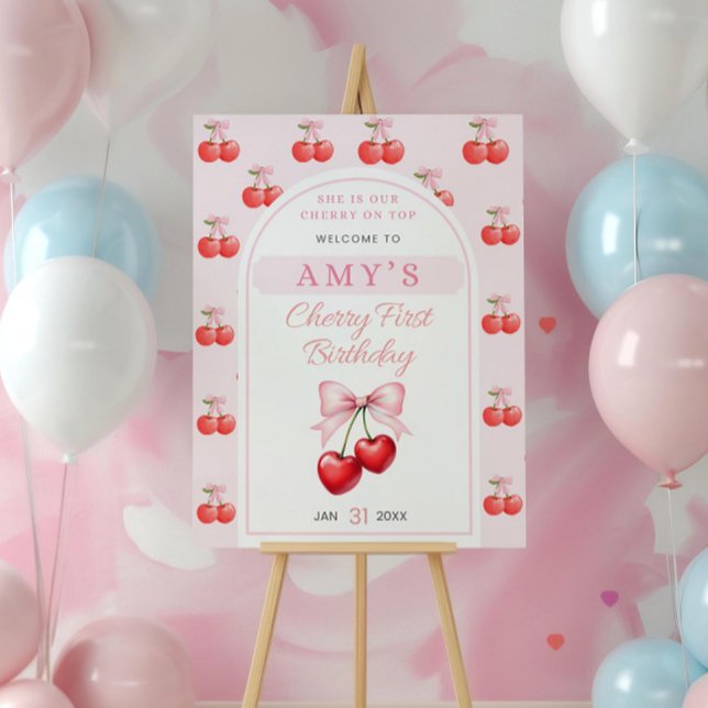Cherry First Birthday Welcome Sign, Editable She Foam Board (Creator Uploaded)
