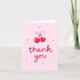 Cherry First Birthday with Pink Bow Thank You Card