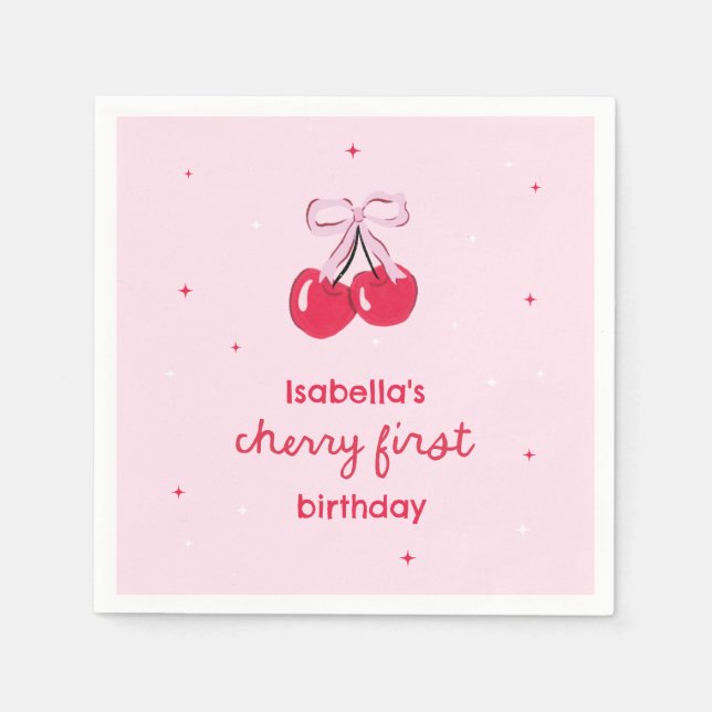 Cherry First Birthday with Pink Preppy Bow Napkins (Front)