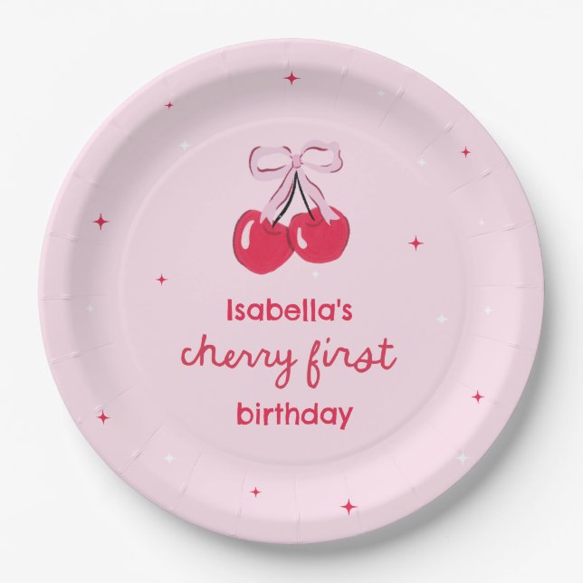 Cherry First Birthday with Pink Preppy Bow Paper Plates (Front)