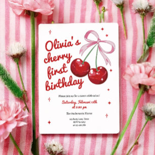 Cherry First Coquette Bow Pink Girl Birthday Invitation