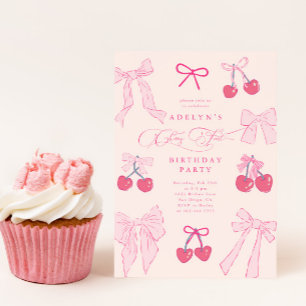 Cherry First Girl 1st Birthday Party Invitation