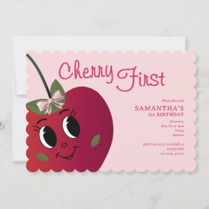 Cherry First Girl Cute Cartoon Sweet 1st Birthday Invitation