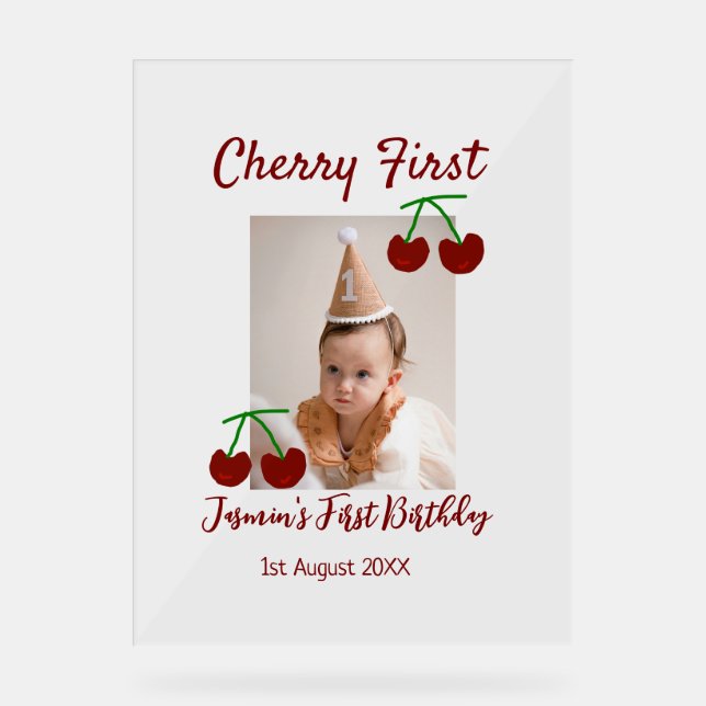 Cherry first happy birthday photo kids modern red acrylic sign (Front)