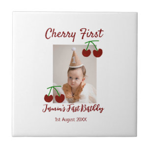 Cherry first happy birthday photo kids modern red ceramic tile