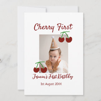 Cherry first happy birthday photo kids modern red invitation