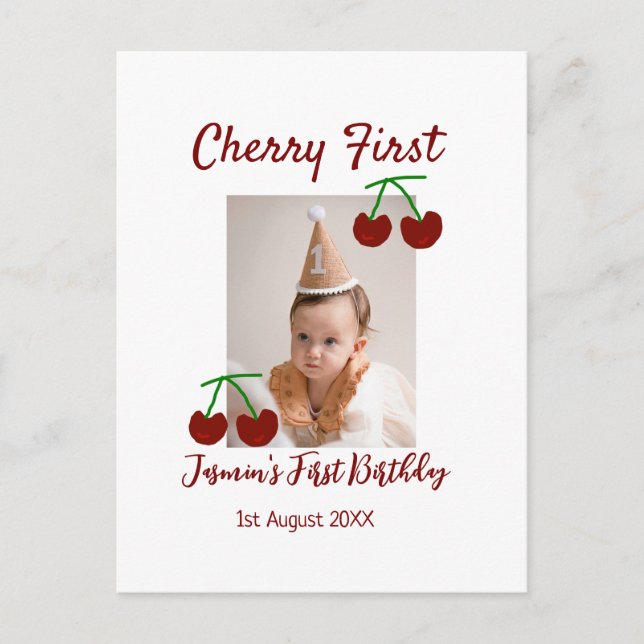 Cherry first happy birthday photo kids modern red postcard (Front)
