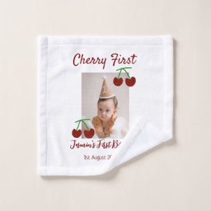 Cherry first happy birthday photo kids modern red wash cloth