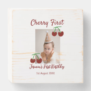 Cherry first happy birthday photo kids modern red wooden box sign