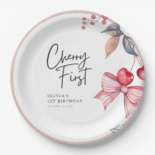 Cherry First Pink Bow Coquette 1st Birthday Paper Plates