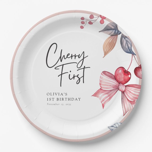 Cherry First Pink Bow Coquette 1st Birthday Paper Plates (Front)