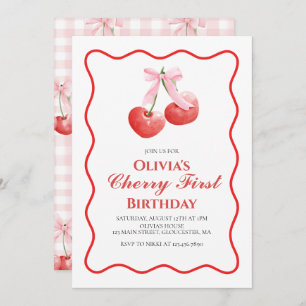 Cherry First Pink Bow preppy 1st birthday Invitation
