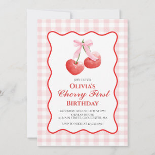 Cherry First Pink Bow preppy 1st birthday Invitation