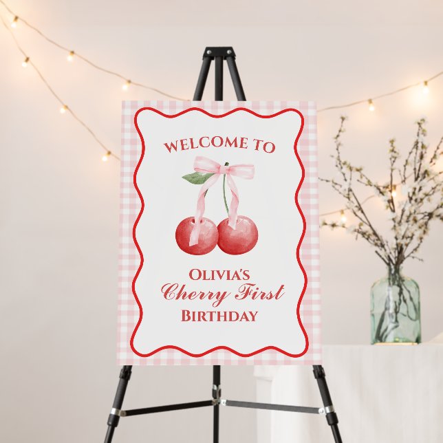 Cherry First Strawberry Pink Bow 1st birthday Foam Board (In Situ (Stand))