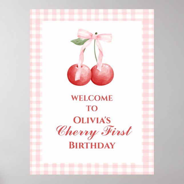 Cherry First Strawberry Pink Bow 1st birthday Poster (Front)
