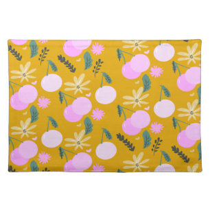 Cherry Floral Greenery Pattern Yellow Pink Cloth Placemat