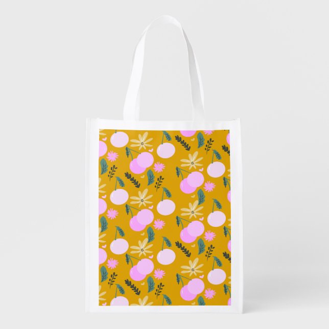 Cherry Floral Greenery Pattern Yellow Pink   Grocery Bag (Front)