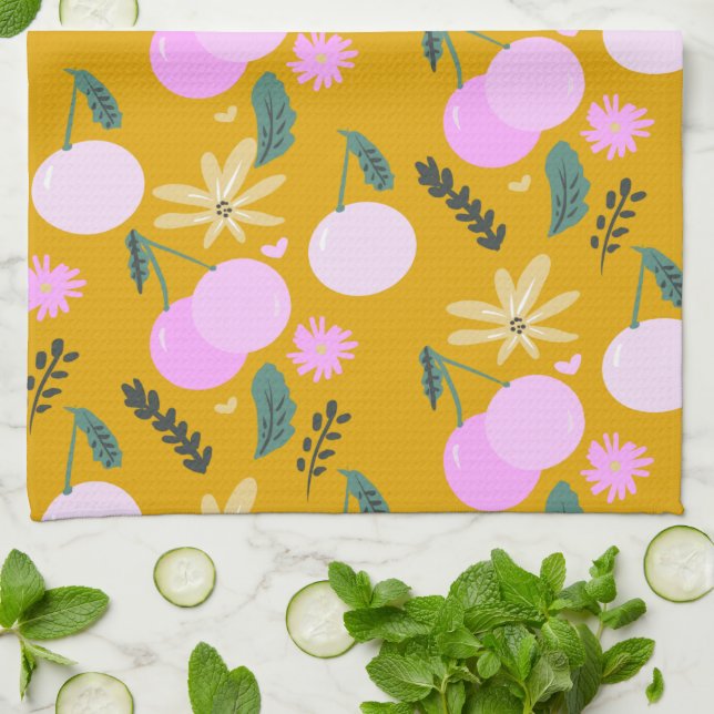 Cherry Floral Greenery Pattern Yellow Pink  Kitchen Towel (Folded)