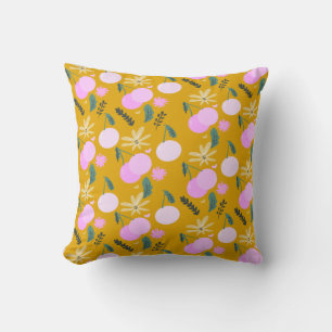 Cherry Floral Greenery Pattern Yellow Pink    Throw Pillow